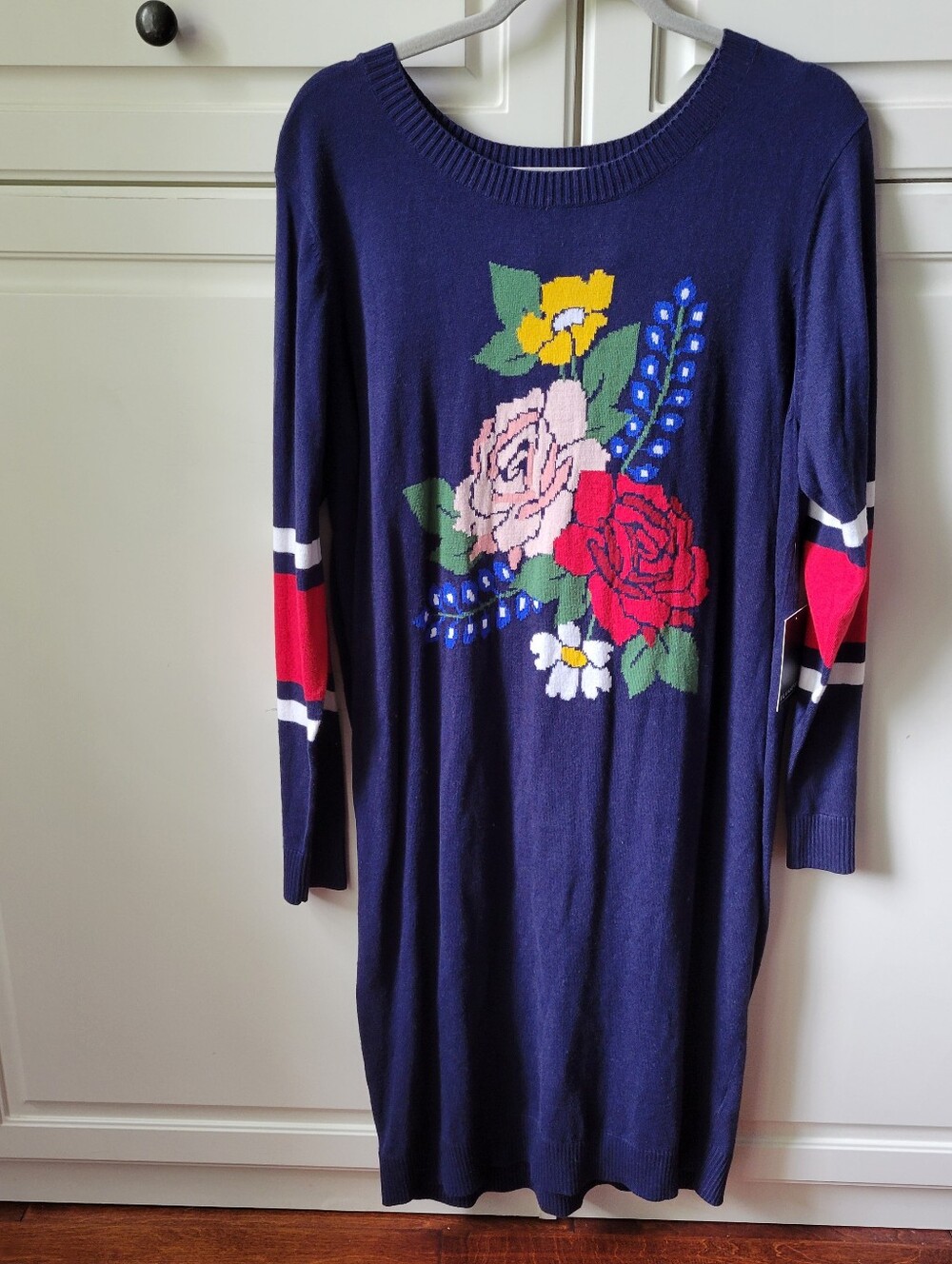 Eloquii | Floral Knit Varsity Striped Long Sleeve Blue Sweater Dress 18/20 Nwt - Picture 2 of 7